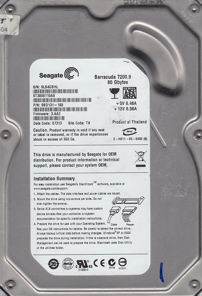 Seagate ST3808110AS Barracuda 7.2K RPM 80GB 8MB 3.5" SATA HDD